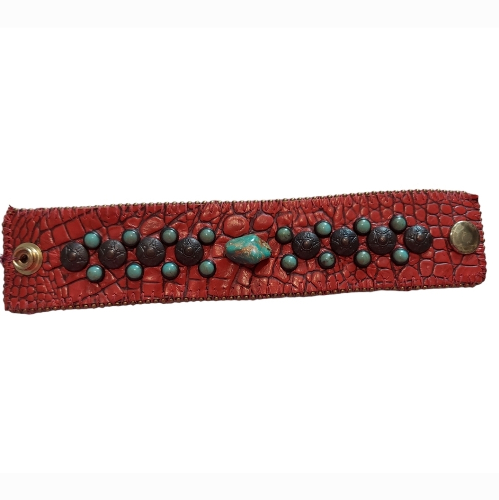 Red Textured Bracelet with Turquoise Accents